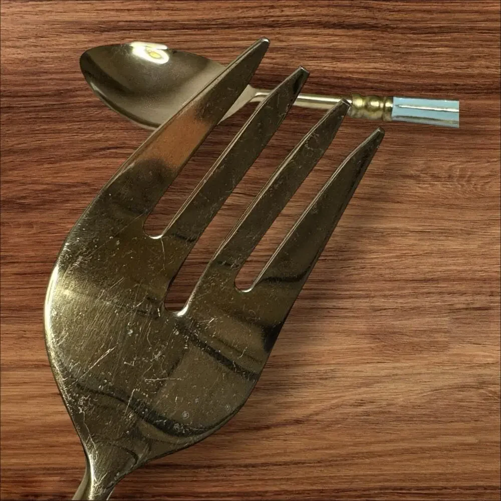 Vintage Serving Spoon & Fork Set Gold Tone Brass Handles MCM Hollywood Regency